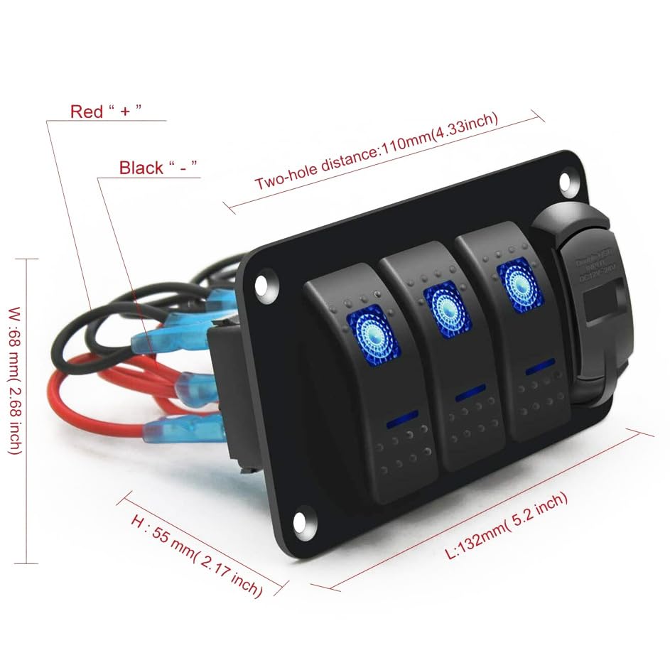 3 Way Switch Panel for Yachts Cars RVs Dual USB Power Socket with Blue LED