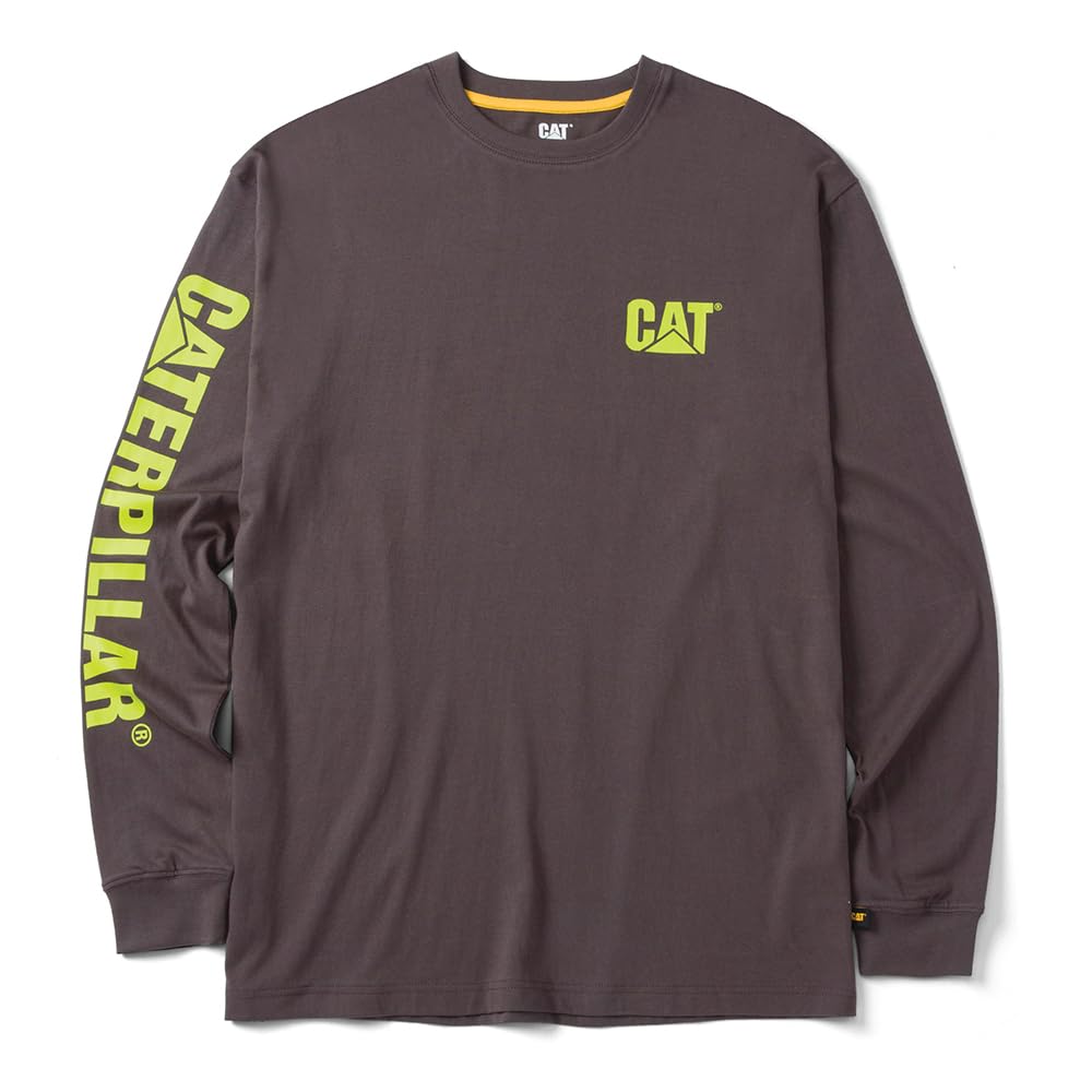 Caterpillar Trademark Banner Long Sleeve Tee Shirts for Men with Center Back Neck Wire Management Loop and Cat Workwear Logo