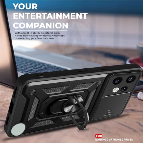 Image of AESTMO Tough Armor Bumper Back Cover Case for CMF by Nothing Phone 2 Pro 5G | Sliding Camera Cover, Kickstand & Ring Holder | 360 Protection Cover for Nothing CMF Phone 2 Pro (Black)