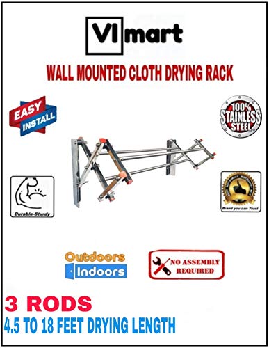 Image of VIMART Premium Heavy Duty Rust-Free Stainless Steel Foldable Wall Mounted /Cloth Dryer Racks For Bathroom /Balcony /Indoor /Outdoor (4.5 FEET(54 INCH))