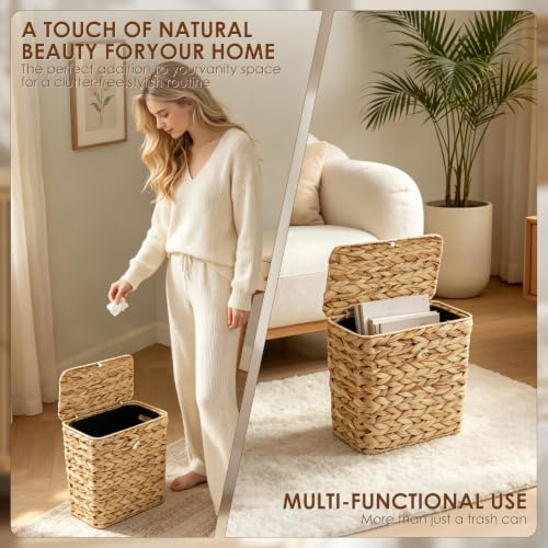 SHTALHST Wicker Trash Can with Lid and Liner, Small Bathroom Handwoven Wicker Waste Basket, Natural Water Hyacinth Bathroom Trash Can Boho Rattan Narrow Garbage Wastebasket for Bedroom 3 Gallon by SHTALHST - Used condition - Image 6