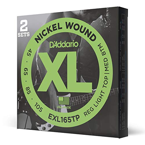 D'Addario Cuerdas Bajo Electrico - EXL165TP, Custom Ligero, 45-105 (paquete de 2), Escala larga