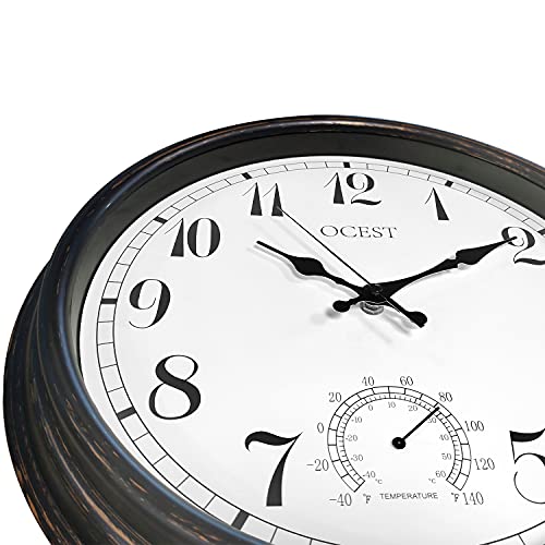 Ocest 16 Inch Large Outdoor Clock, Waterproof Wall Clock With Thermometer, Weather-Resistant Non-Ticking Battery Operated Decor Clock For Patio, Pool, Lanai, Fence, Porch, Garden,Bathroom (16 Inch) #TOP2