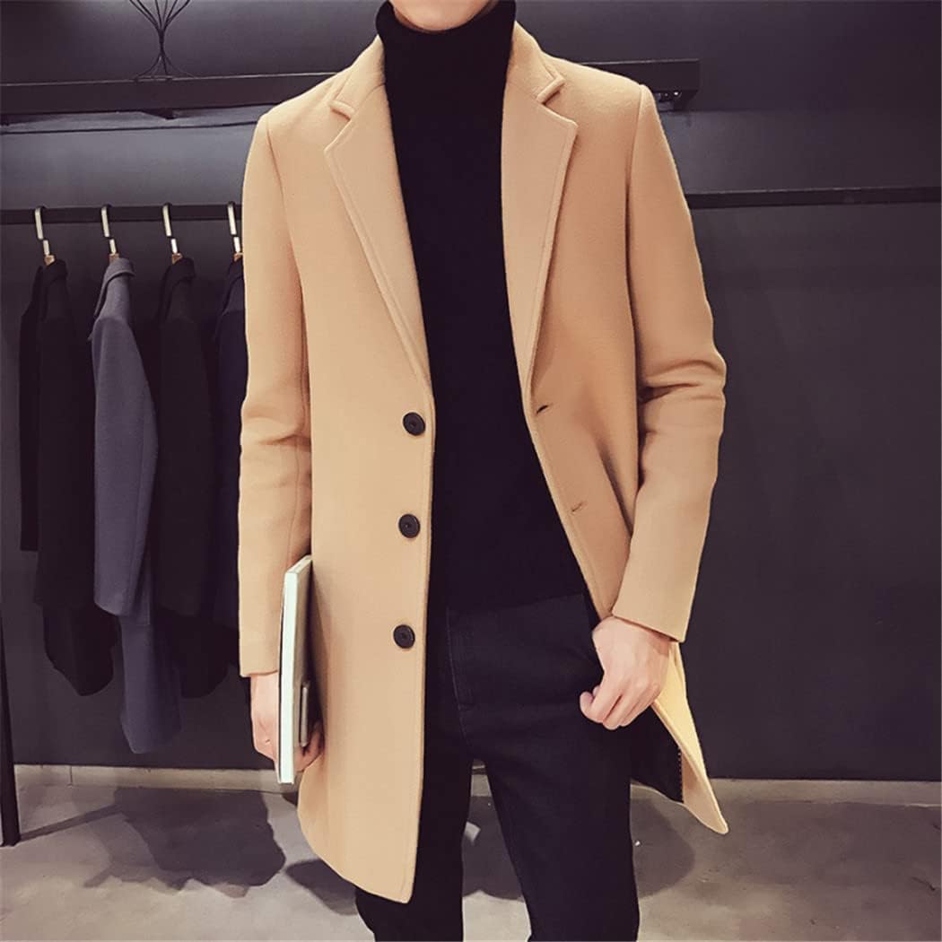 Haitpant Men Long Cotton Coat Autumn Winter Wool Blend Solid Color Casual Windbreaker Slim Business Jacket