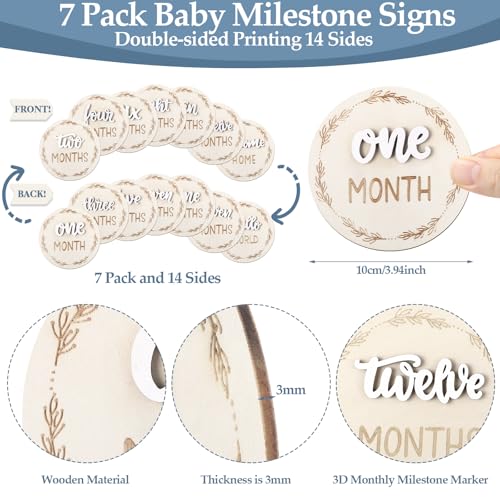 Image of 7 Pack Baby Monthly Milestone Signs, Double Sided Baby Milestone Signs Wooden Baby Announcement Sign for 1-12 Months Baby Milestone Pictures