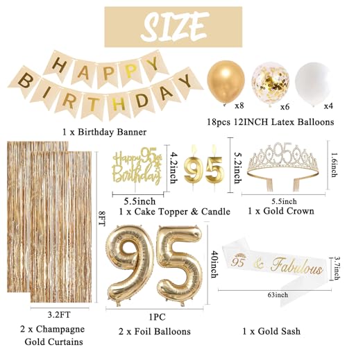 Image of Trgowaul 95th Birthday Decorations for Women, Banner, Sash and Crown, Cake Topper, 95 Number Balloon, Fringe Curtains, Champagne Gold 95th Birthday Party Supplies