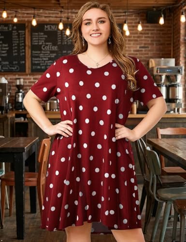 Image of OVERWORETY Womens Short Sleeve Plus Size T-Shirt Dress V Neck Casual Loose Swing A-Line Summer Tunic Dresses with Pockets