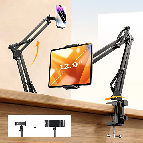 LISEN Tablet Stand iPad Stand for Desk Mount [Ultra Sturdy 2 Clamps] iPad Holder for Tablet Holder Mount Desk Accessories for Men fits iPad Air iPad 12 iPhone 17e 4-13 Device (Black)