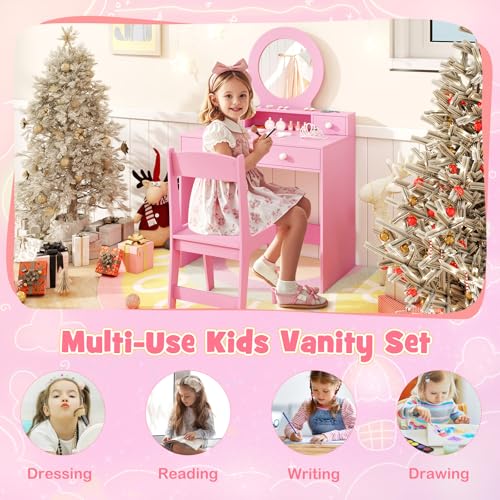 Image of HONEY JOY Kids Vanity, Little Girls Vanity Set with Mirror and Stool, Drawers, Toddler Makeup Vanity Dressing Table, Wooden Pretend Play Kids Vanity Table and Chair Set (Pink)