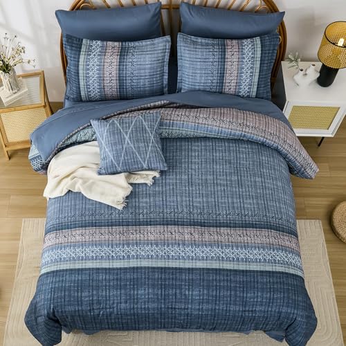 Image of Dintszyayue Blue Comforter Set Cal King Size, 8 Pieces Boho Striped Bed in a Bag Soft Microfiber Bedding Set for All Season