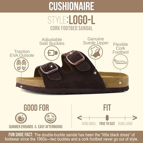 Image of CUSHIONAIRE Logo 100% Genuine Leather Suede Slides for Women, Cushioned Cork Footbed Womens Sandals with Adjustable Buckles and Memory Foam