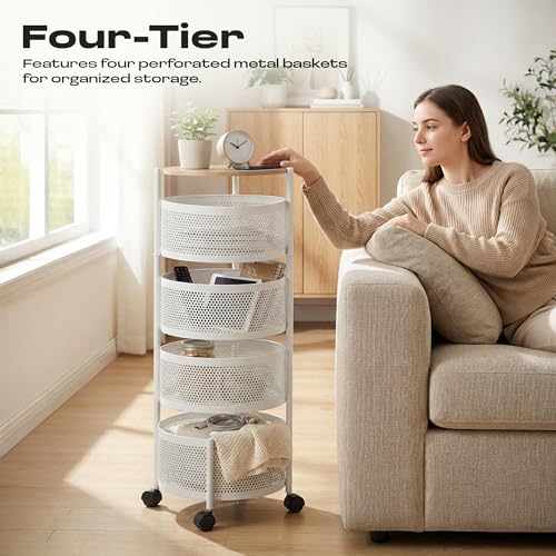 Image of Metal Multi-Purpose Trolley Kitchen Storage Organizer Rack Stand with 360 Wheels | 4 Layer Round Design | Kitchen Accessories Items for Fruit Vegetable Onion Rack for Kitchen (White)