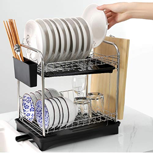 Escurreplatos de Platos, Escurridor de Platos de Metálico, Escurreplatos de Acero Inoxidable, Estante para Platos, Porta Cubiertos para Cocina, con Bandeja de Goteo, Negro, 2 Niveles, 42x28x15cm