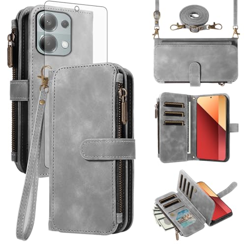 Étui Redmi Note 13 Pro 4G clapet en cuir PU gris premium avec vitre écrins