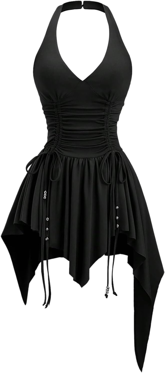 Women's Punk Halter Mini Dress Western Asymmetrical Ruffle Sleeveless Drawstring Ruched A Line Dresses