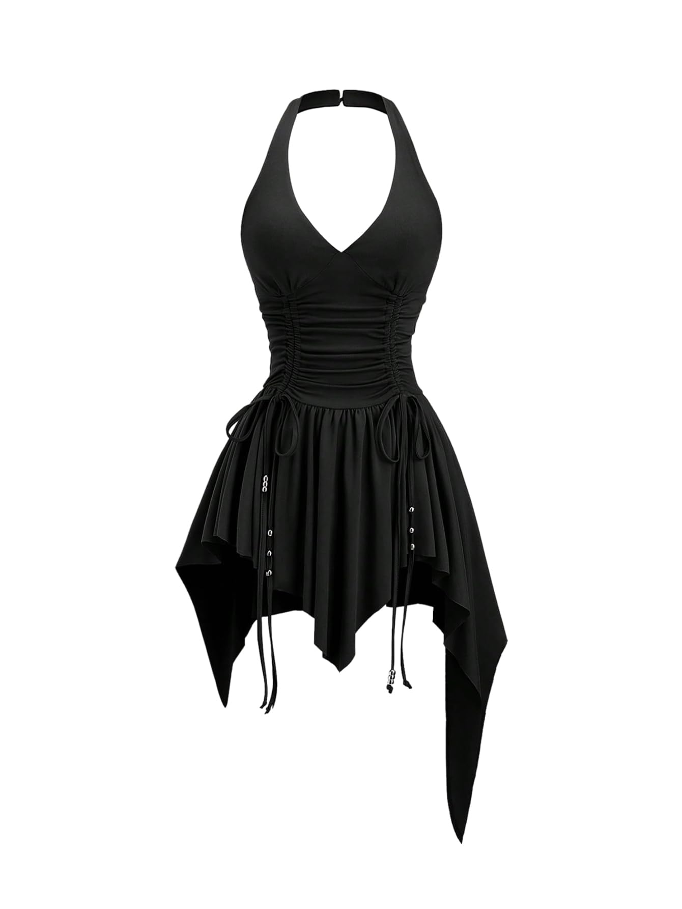 Women's Punk Halter Mini Dress Western Asymmetrical Ruffle Sleeveless Drawstring Ruched A Line Dresses
