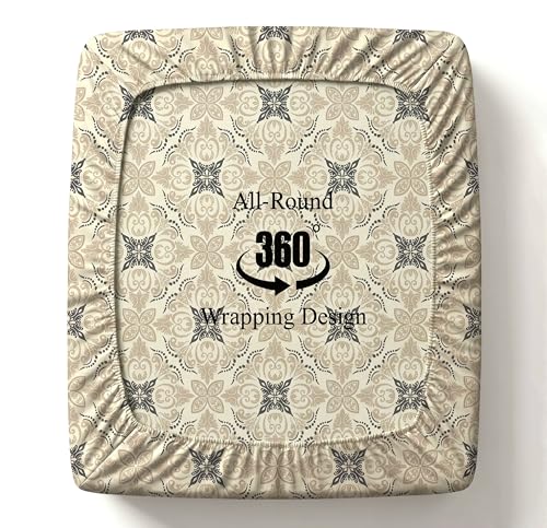 Image of BSB HOME 220 TC Cotton Fitted Single Bedsheet with 1 Pillow Cover, Soft Breathable, Elastic Fit, Fade Resistant, Easy Care - 36 x 72 + 6 Inches (Sandstone Damask)