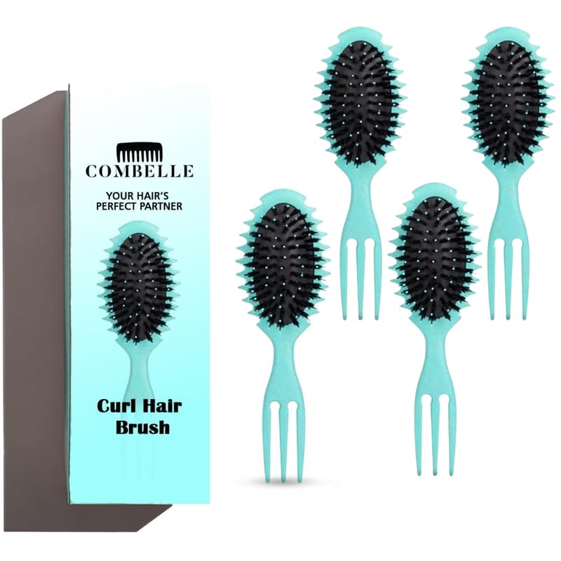 Image of COMBELLE Curl Defining Detangler Brush for Curly Hair - Vegan Fiber & Nylon Bristle Paddle Brush with Comb Handle for Frizz-Free Styling & Scalp Massage - Mint (Pack of 4)