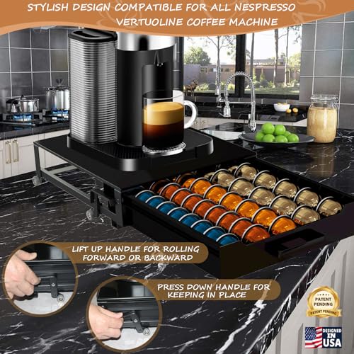 Coffee Pod Holder Rolling Drawer Organizer with Deluxe Piano Black Tempered Glass Top, Compatible for All Nespresso Vertuo Pods, Holds up to 75 Small or 50 Big Vertuo Pods