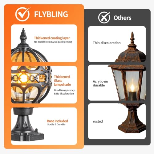 Image of 2 Pack Sphere Outdoor Post Light Fixtures, 13.4 inch Black Globe Post Lamp Hardwired Pier Mount, Amber Glass Anti-Rust Aluminum Exterior Pillar Lantern for Yard Patio Garden Porch Pathway Fence