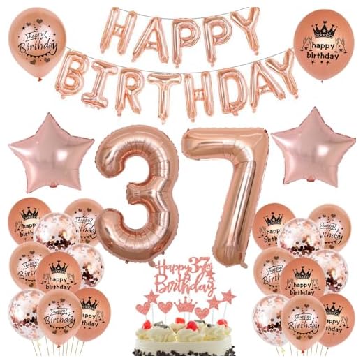 Globo de 37 cumpleaños para mujer, oro rosa, decoración de 37 años, decoración de cumpleaños, para mujer, oro rosa, set feliz cumpleaños, 37 años, decoración de cumpleaños para mujeres, 37 años