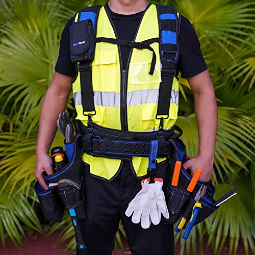 Image of MELOTOUGH Pro Framer's Combo System Apron Tool Pouch Tool Belt with Suspenders Builder Heavy Duty Carpenter Suspension Rig Tool Belt and Multi Function (Blue)
