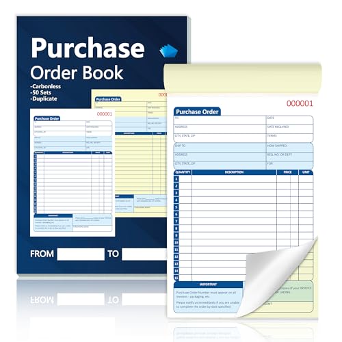 100 Sets Purchase Order Book 5-9/16 x 8-7/16 Inches 2 Part Carbonless Copy Numbered Spiral Bound Purchase Order Forms Receipt Book Invoice Book for Small Business Office (2)