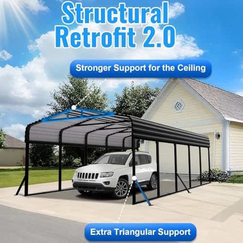 Image of 12x25FT Metal Carport, Extended Heavy Duty Carport with Reinforced Frame & Side Support Poles for All-Weather, Large Car Port for Pickup Trucks, Boats, Cars & Tractors