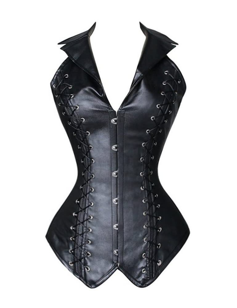Women's Steel Bone Steampunk Abdomen Halter Gather Leather Lace Corset with Thong Black 2XL