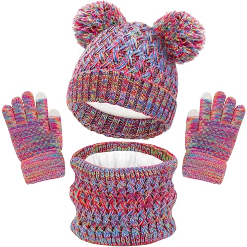Kids Winter Hat Gloves Scarf Set,Girls Hats Beanie with Pom Knit Neck Warmer Gaiter Mittens Fleece Lined Set 1-6 Years