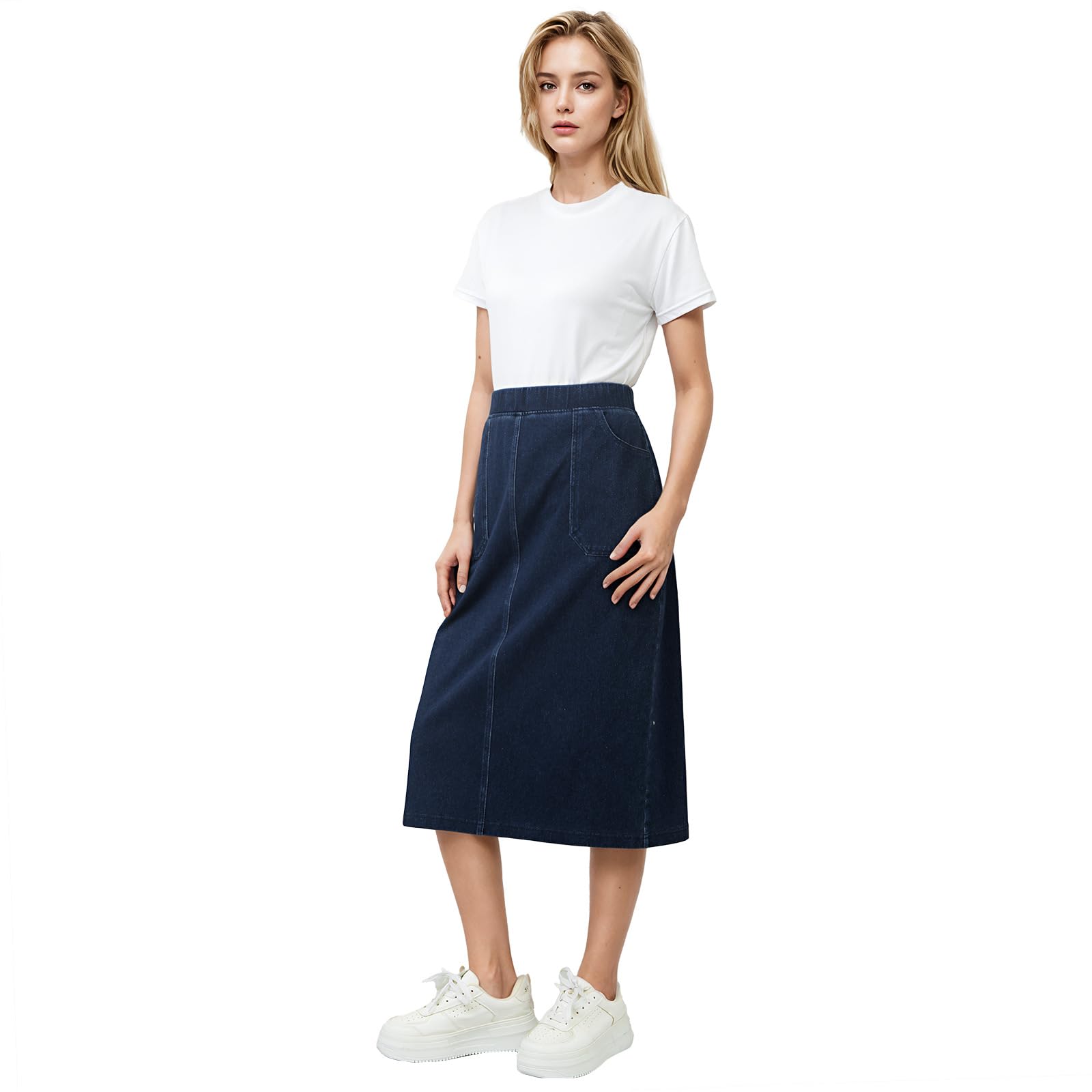 Faldas Vaqueras para Mujer, Mezclilla Lavada Azul Oscuro, Cintura Alta Elástica, Múltiples Bolsillos, Abertura Trasera, Faldas Midi De Corte A, Verano, Casual, Diario, Salir, Elegante, P