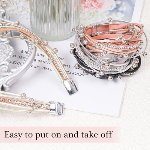 4pcs Leather Wrap Bracelets For Women,Boho Multi-Layer Inlaid Beads Handmade Bracelets Fashion Stack Bracelets Jewelry Elegant Leather Bracelet4