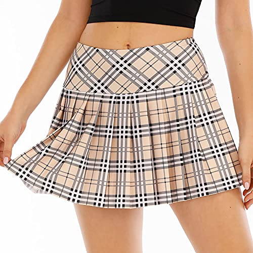 EASE ART Pleated Tennis Skirts for Women with Pockets Girl s Plaid Skirt High Waisted Shorts Women s Athletic Golf Skorts Skater Skirt Casual Activewear Running Workout Sports Skirts(Plaid Beige-M)