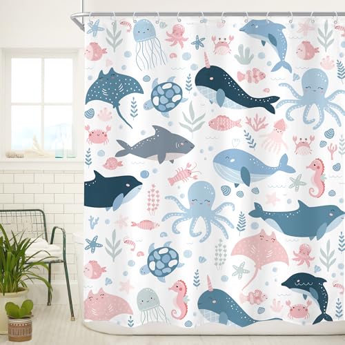 Image of Cinbloo Funny Ocean Kids Shower Curtain 60Wx72H Cute Cartoon Sea Whale Fish Octopu Turtle Sealife Bathroom Curtain Set for Baby Boy Girl Nursery Blue Pink Underwater Bathroom Decor Fabric with 12 Hook