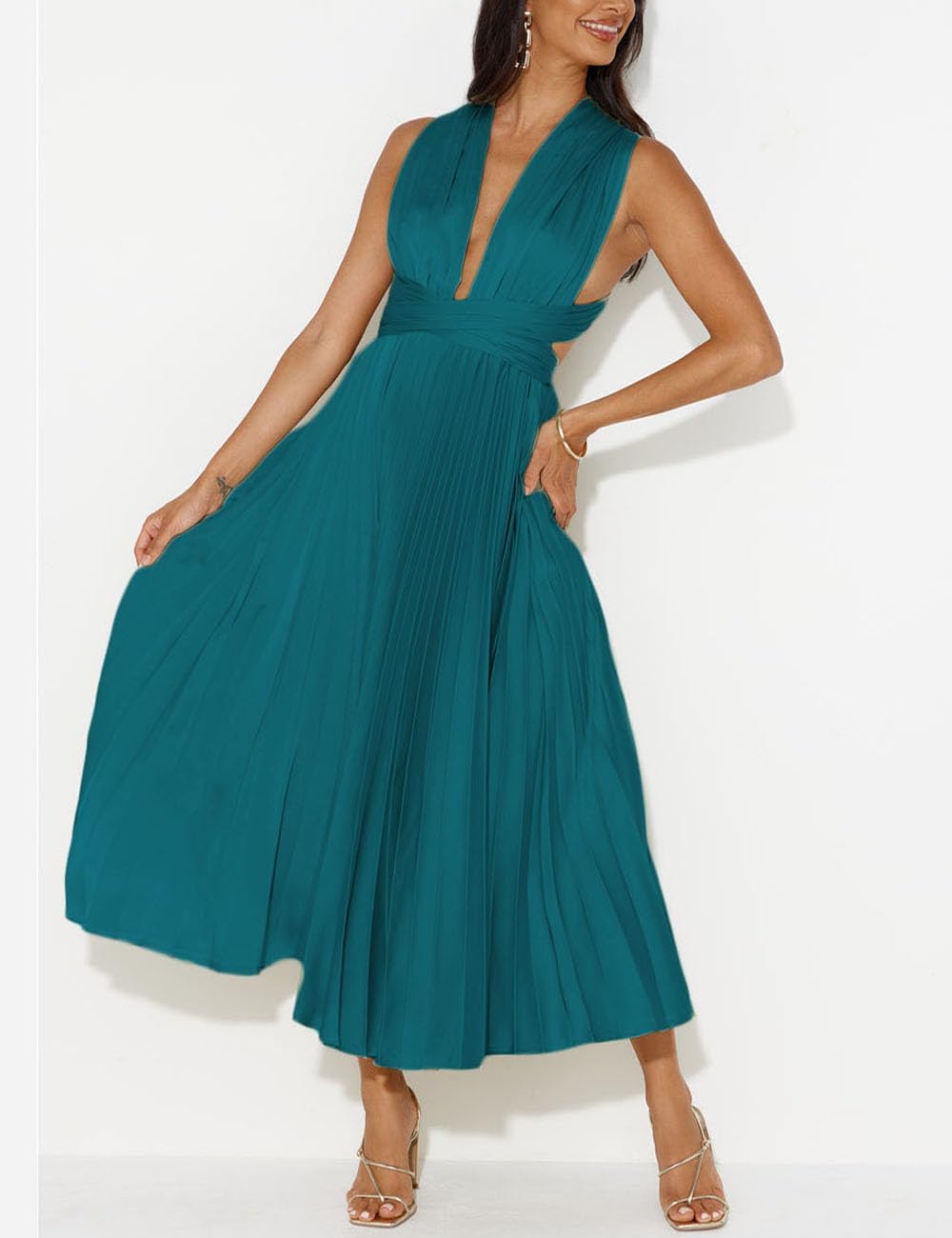 Summer Satin Sleeveless Pleated Midi Dresses for Women Sexy V Neck Backless Tie Asymmetric Flowy Cocktail Dress - Image 3
