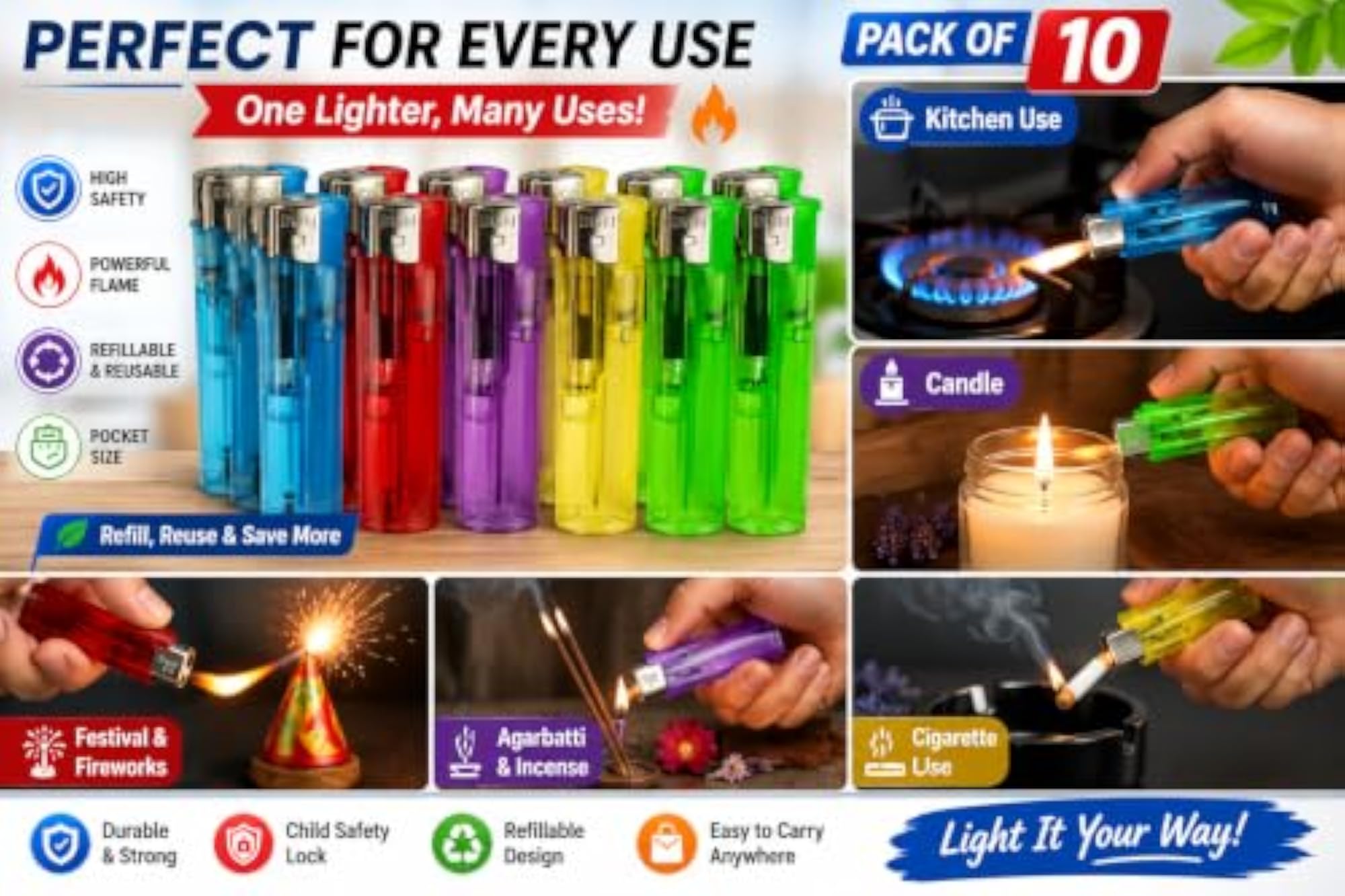 Disposable Pocket Lighter Pack of 10, Multicolor
