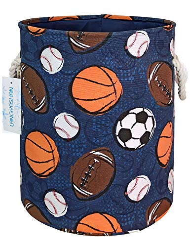 Image of LANGYASHAN Laundry Basket Canvas Collapsible Organizer Storage Basket for Boys Girls Laundry Hamper Toy Bins Gift Baskets Bedroom Clothes Children Nursery (Navy Ball Game)
