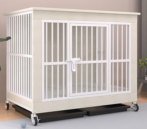 【Yecox】 犬ケージ ペットサークル 犬小屋 小中大型犬用 木製 + スチール製 頑丈 脱走防止 トレー付き お手入れ簡単 キャスター付き 室内/屋外(80*52*77CM,ホワイト)
