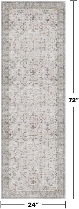 Light Grey 2x6 Boho Bathroom Runner Rug - Modern Vintage Eclectic Floral Pastel Neutral Taupe, Washable Low Pile Non-Slip Runner Rugs for Kitchen, Door Mat Indoor Entrance, Bedroom Laundry Hallway 2' x 6' (Runner) Light Gray