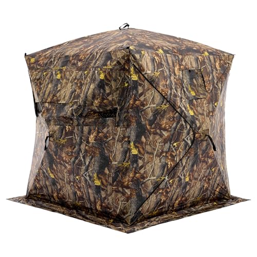 OLIXIS 270°See Through Hunting Blind, 2-3 Person Pop Up Camouflage Tent with Carrying Bag, Portable Hunting Tent with Accessory Bag (Forest Fade Camo)