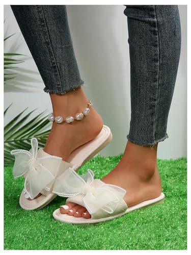 OYOANGLE Women's Lace Bow Decor Open Toe Bedroom Slippers Slip on Slides Comfy Indoor Home Slippers2