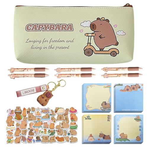 1 Estuche Para Lápices, 6 Bolígrafos, 4 Notas Adhesivas, 50 Pegatinas Y 1 Etiqueta, Papelería De Carpincho, Papelería Linda E Interesante, Útiles Escolares