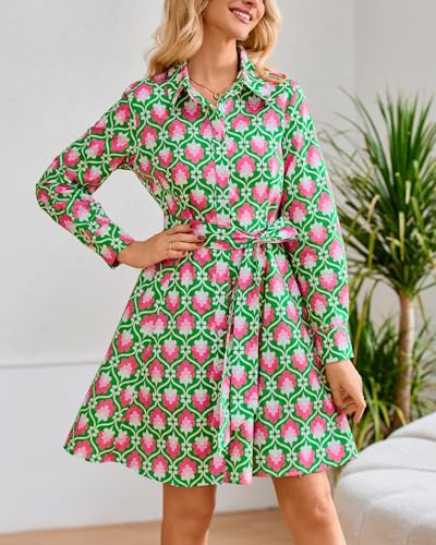 Image of Women's Printed Button Down Shirt Dress Long Sleeve Belted Mini Dress