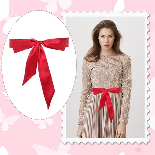 Bow Belts for Women, Long Double Side Satin Sash Belt Ceremony Belt for Wedding Bridal Special Occasion Dresses 2'' Wide(Red)3