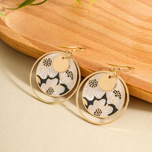 Boho Flower Earrings, Gold Hoop Earrings, Dangle Round Disc Earrings for Women, Handmade Bohemian Trendy Boho Floral Jewelry Gift, Hypoallergenic2
