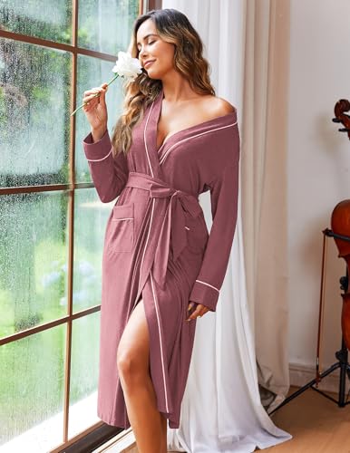 Image of Ekouaer Women Kimono Robes Full Length Knit Bathrobe Lightweight Soft Sleepwear V-neck Casual Ladies Loungewear S-XXL