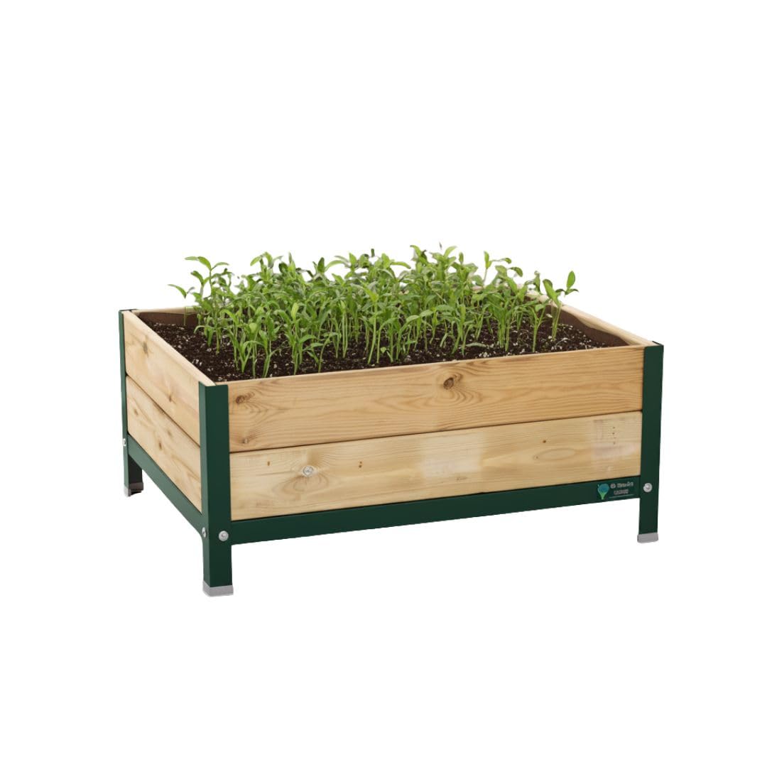 Jardinera Arriate Madera con Bandeja Recoge Aguas | Estructura Metálica | Mesa Cultivar Plantas Terraza Jardín Balcón Exterior | Verde | HUERTO BAJO - 90x60x38 cm