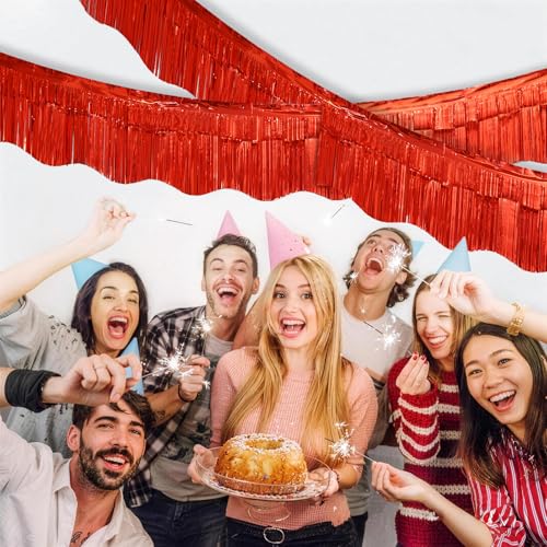 Image of LOLStar Red Foil Fringe Tinsel Garland, Tinsel Streamers Banner, 6 Pack | 60Ft Tinsel Streamers, Shiny Red Wall Hanging Tinsel Fringe Banners for Valentines Day, Parade Float, Christmas Party Decor