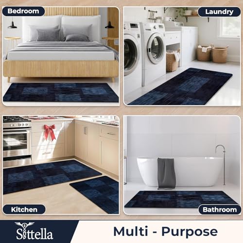 Image of SITTELLA Rubber Kitchen Mats Set of 2, Anti-Skid Kitchen Mats, Water Absorbent Rug, Carpets, Floor Mat for Home and Kitchen (120x40cm & 40x60cm) Blue Checks, Rectangular