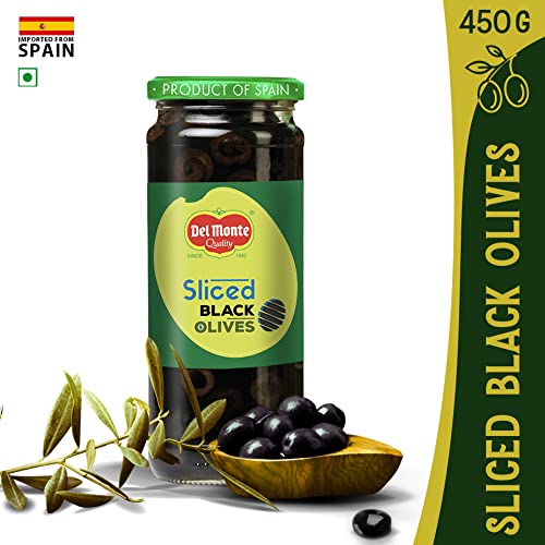 Image of Del Monte Black Sliced Olives 450g l Imported from Spain | 100% Natural & Evenly Cut | Suitable for Pizza, Pasta Topping, Garnishing Salad, Wraps | Source of Fibre, Gluten Free, No Added Preservatives